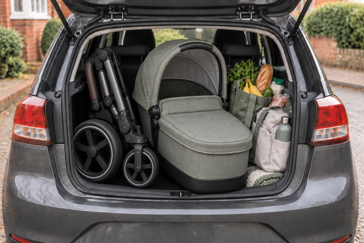 A folded pushchair chassis and carrycot in a car boot alongside shopping bags