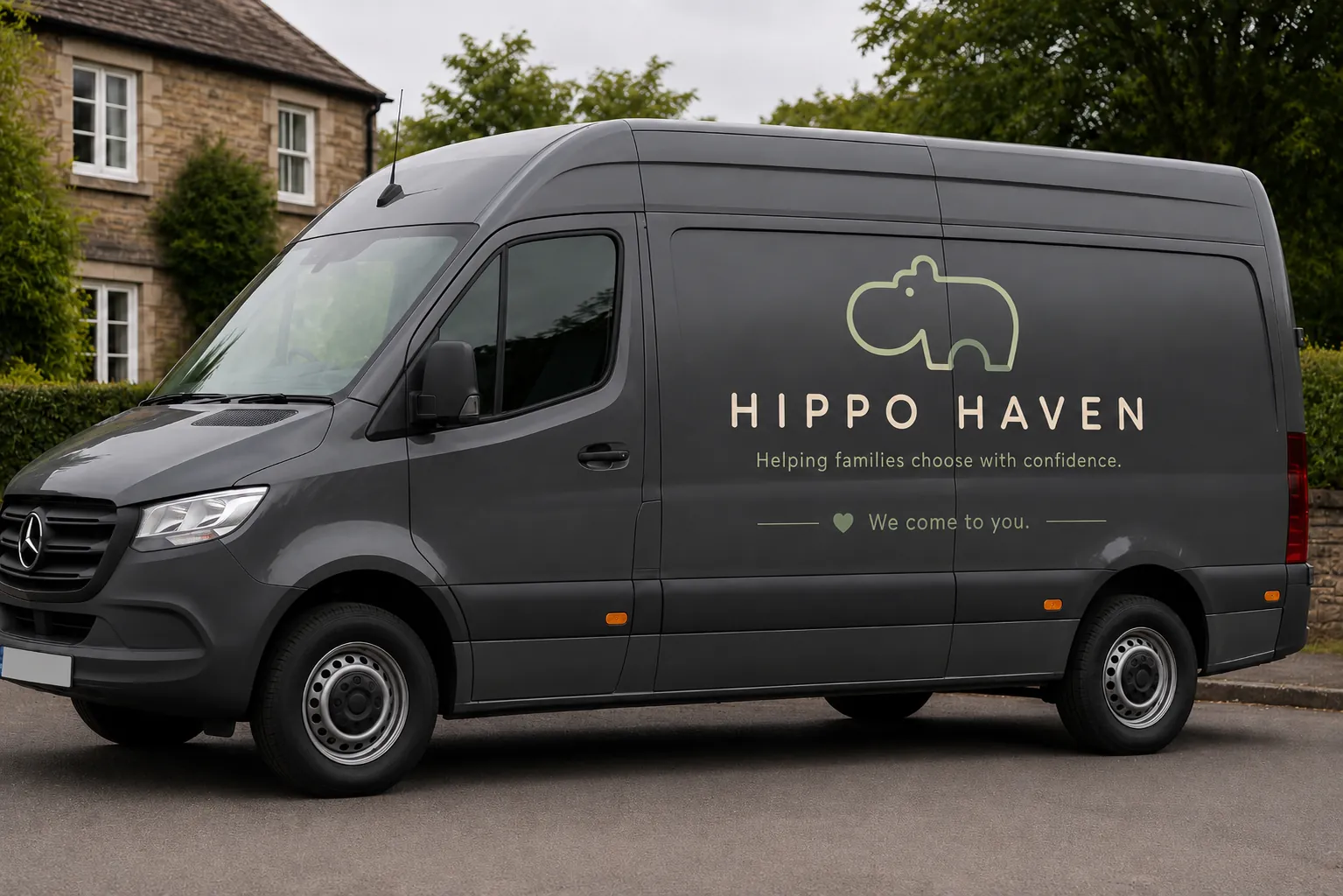 Hippo Haven van parked outside a family home