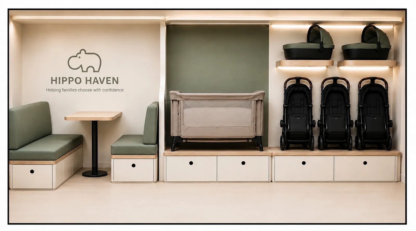 Hippo Haven van interior, branded consultation and display wall